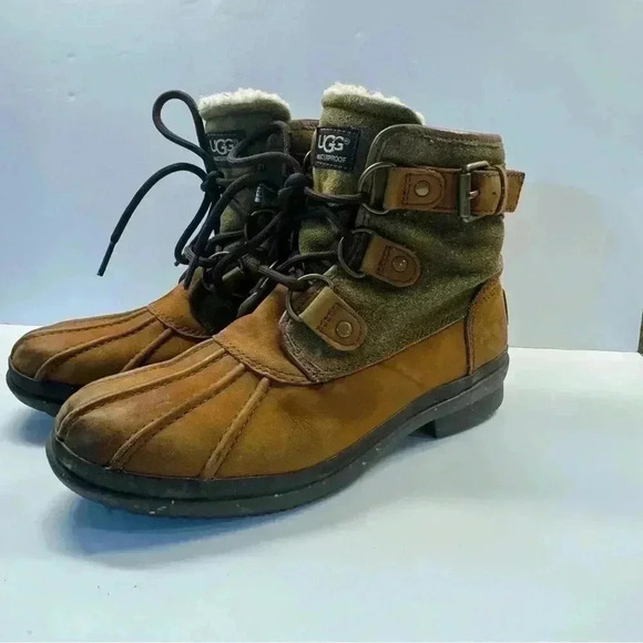 UGG Shoes - UGG Womens 5.5 Cecile Waterproof Duck Brown Leather Boots Buckle Furlined Sherpa